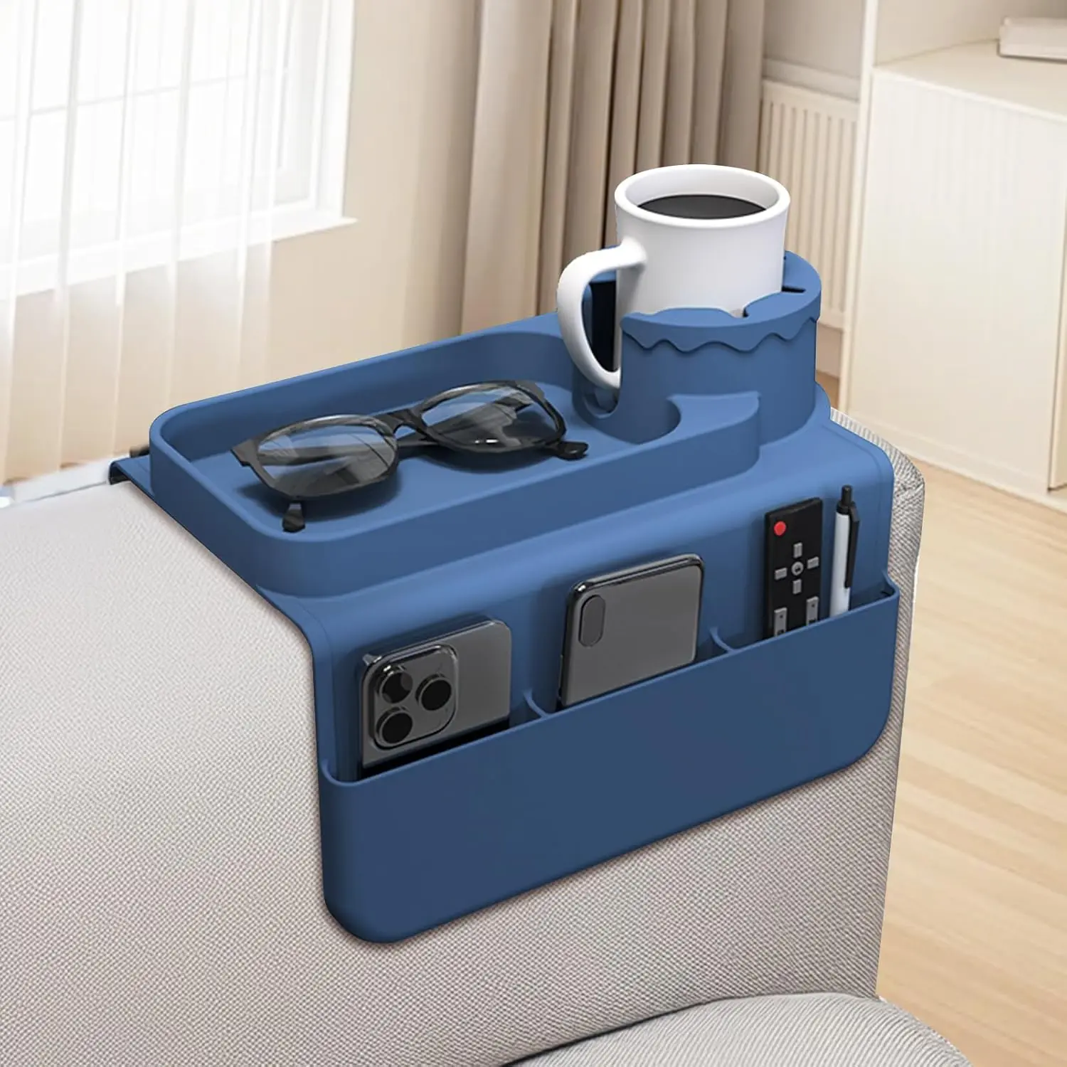 Silicone Couch Cup Holder Tray with Assorted Side Pockets, Anti-Spill Anti-Slip Sofa Armrest Organizer for Storing Remotes, Cell Phones, Snacks, Tablets (Blue), Assortive Side Pockets