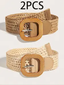 Women's Boho Style Straw Belt & Geometric Design Buckle Belt, Casual Waistband for Jeans, Fashion Belt for Party, Daily Clothing Decor, Trendy All-match & Exquisite Belt for Gift, Straw Woven Belts, Stylish Belts