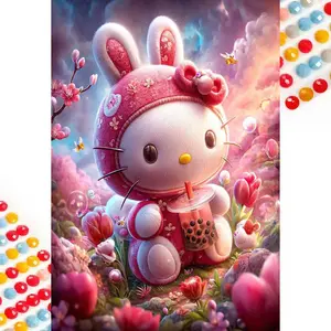 5D DIY Full Drill Round Drill Painting - Diamond Painting Kit Rabbit, Milk Tea Mosaic Canvas DIY Wall Art, Home Wall Decoration