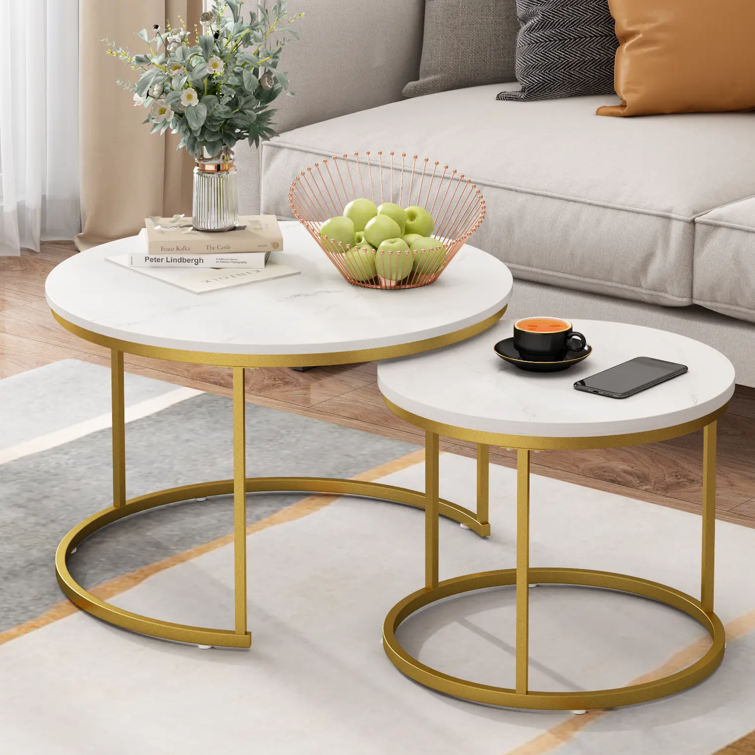 27.6in Household Nesting Round Coffee Table Set of 2 - Durable Wood Marble Pattern Top, Sturdy Metal Frame, Free-Standing Hallway Furniture with Acrylic Display Rack, Fire Safety Label, Assembly Required for Living Room, Entryway, Modern