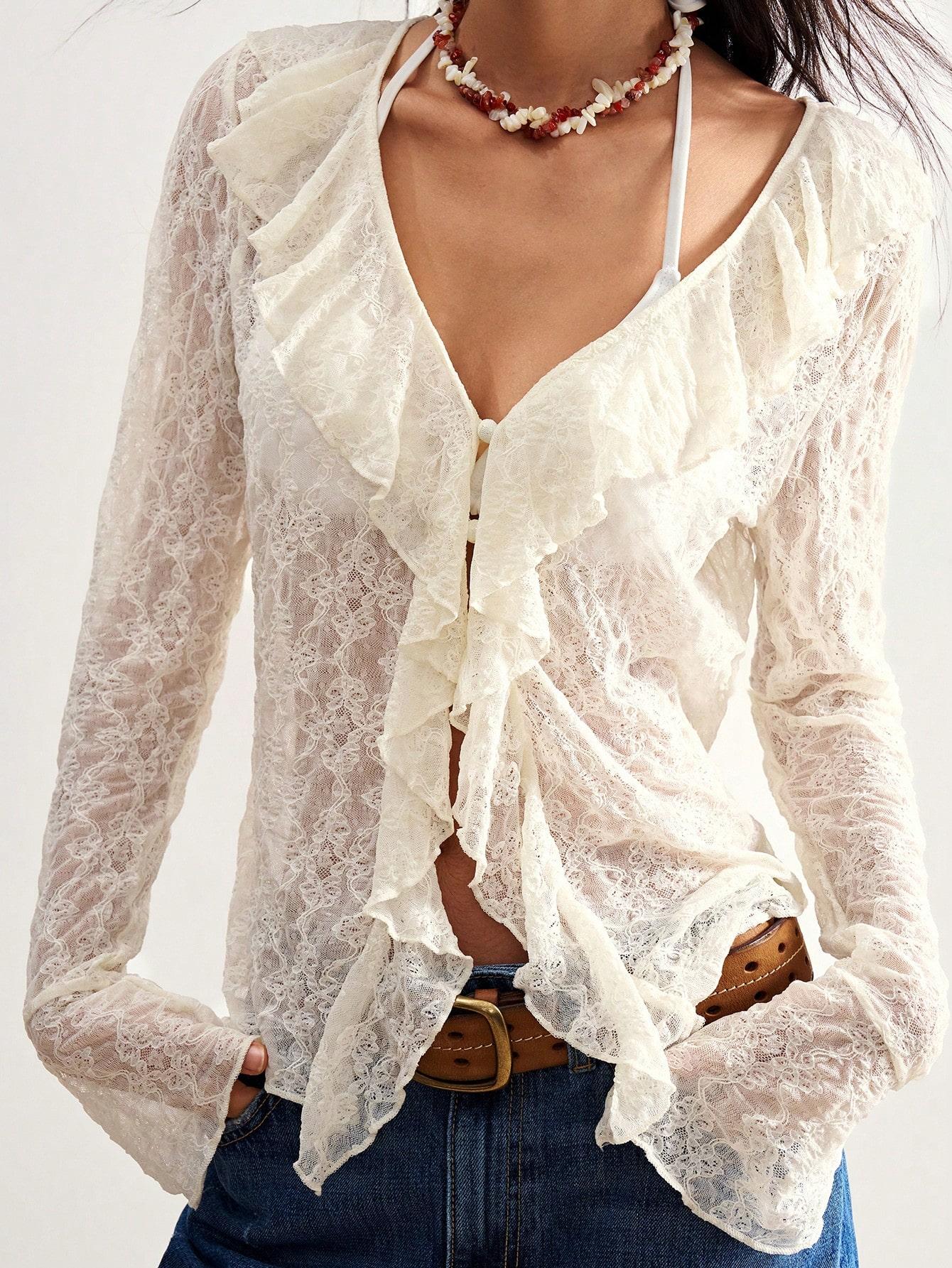 LALUZ Boho Boho Lace Knit Ruffle Trim Long Sleeve Top Solid Color Lightweight Pullover Beach Vacation Trendy Top
