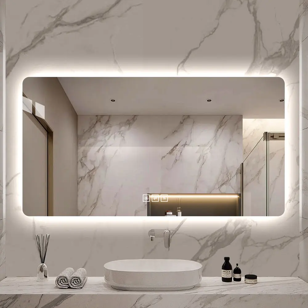48x24 Inch LED Bathroom Mirror with Backlit, Three-Color Dimmable Lighting, Anti-Fog, Corrosion-Resistant Explosion-Proof Glass, Silver Finish