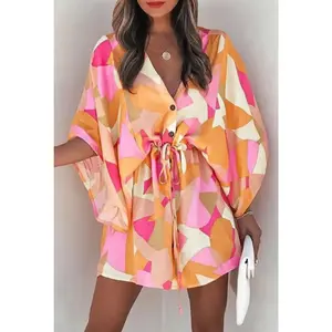 Pink Geometric Button Down Drawstring Dress