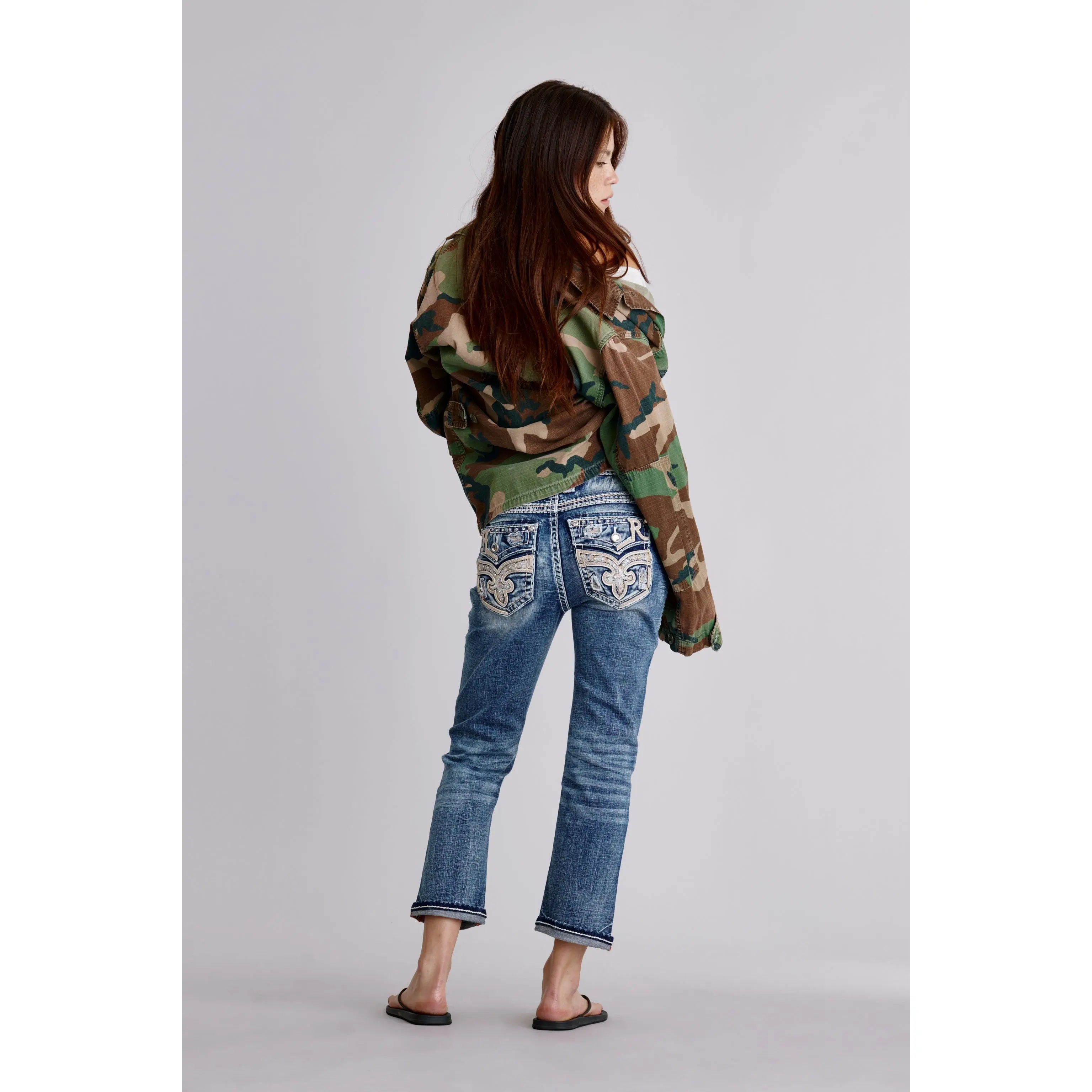 rr Women's Vittoria Crop Jeans in Stretch Denim with Signature Inverted Fleur-de-Lis Embroidery