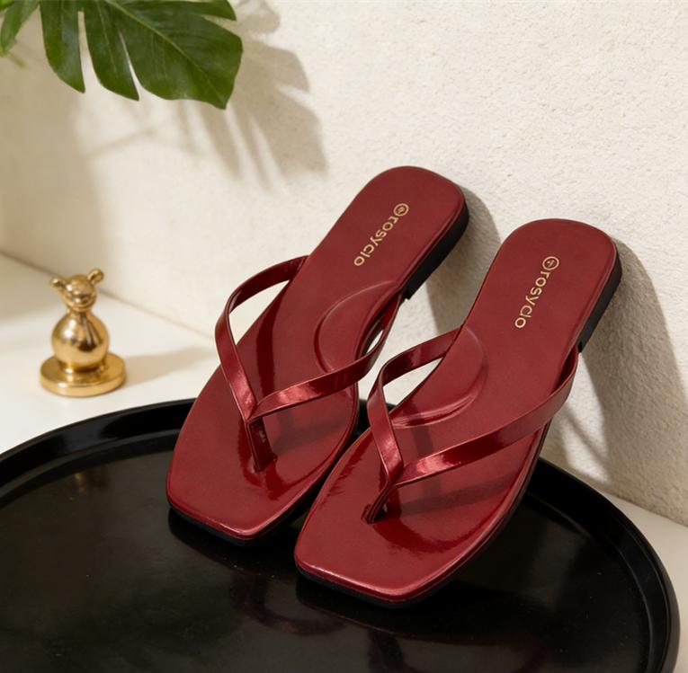 rosyclo Women's Glossy Square Toe Flip Flops | High-Shine Mirror Finish Thong Sandals | Minimalist Summer Beach Slides | Lightweight Elegant Flat Sandals