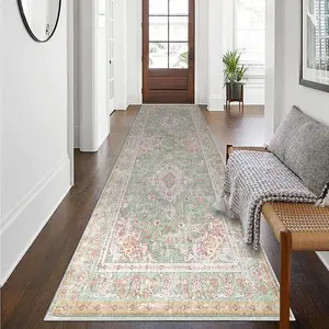 2' x 6' Boho Runner Rug, Washable Vintage Non-Slip Soft Low-Pile Indoor Rug for Bedroom Kitchen Hallway Living Room Office