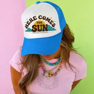 "HERE COMES THE SUN" Trucker Hat, Cute Trendy Aesthetic, Retro Cap, Adjustable Snap, One Size Fits Most