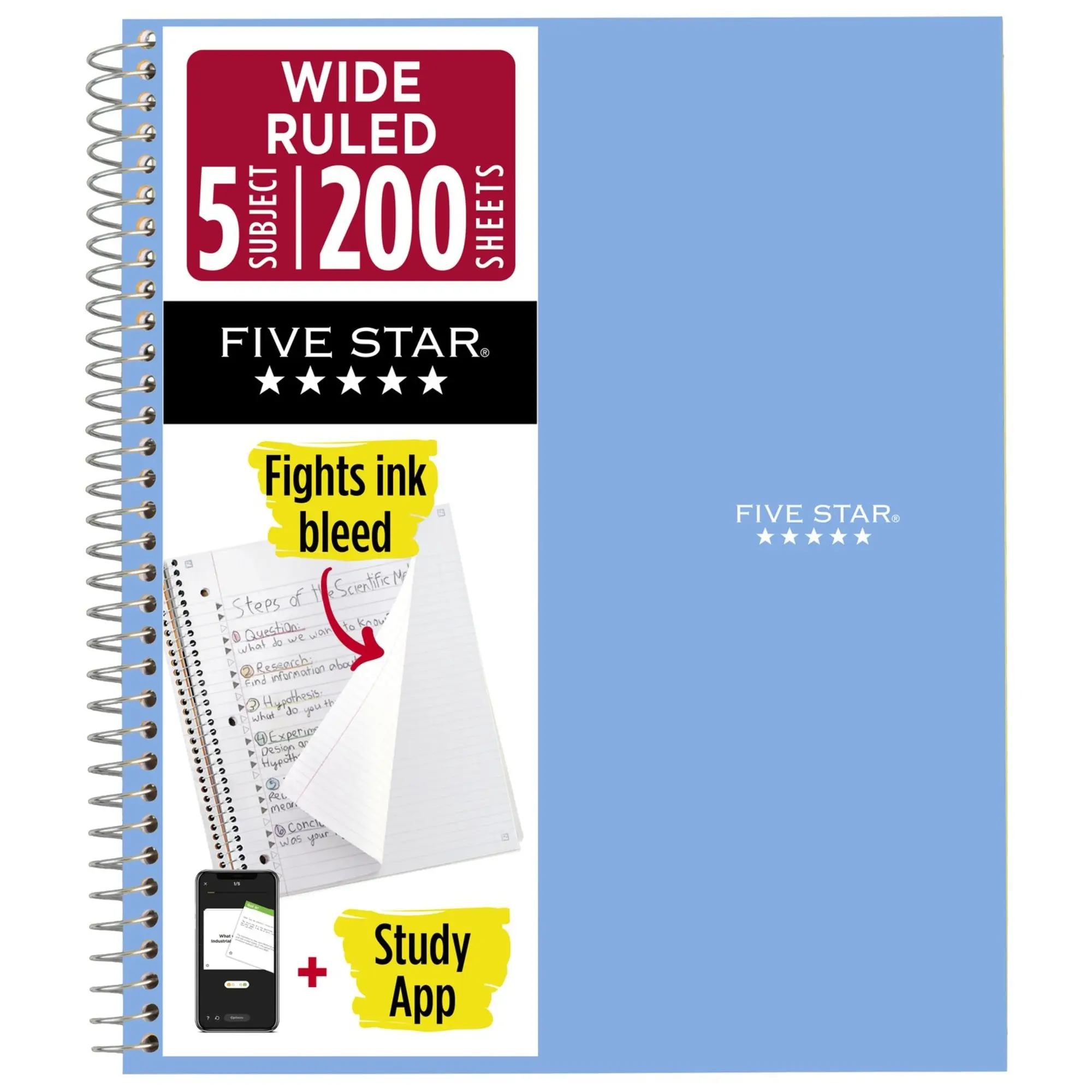 Five Star Spiral Notebook Plus Study App, 5 Subject, Wide Ruled, 8" x 10 1/2", Sky Blue