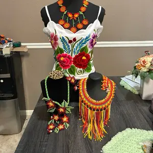 Traditional Mexican Beaded Necklaces Vibrant Floral Design with Matching Bracelet & Earrings for Eye-Catching Fashion