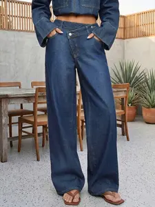 Women's New Denim Wide Leg Pants, Trendy Off-Set Design, Washed Finish, Elastic Comfort, Fashionable Jeans, Long Regular Fit, Casual Wear
