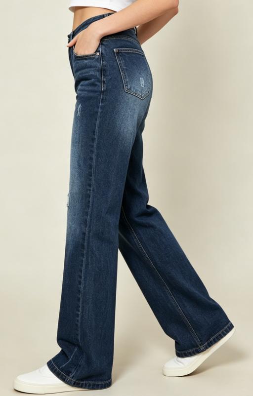 High Waisted Dark Wash Wide Leg Jeans for Women, Casual Loose Fit Stretch Denim Pants with Distressed Details, Comfortable Straight Leg Trousers for Everyday Streetwear
