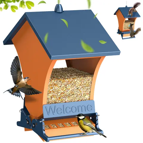 Squirrel-Proof Metal Bird Feeder House, Bird Feeding Station with Rust-Resistant Coat, Bright Orange Body, 5lb Seed Storage, 15-inch Hanging Rope, Polycarbonate Panels, Adjustable Metal Springs, Cardinals-Fit, Durable Feeding Tool for Nature Lovers