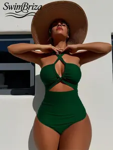 Briza｜Halter Cut-Out One Piece Bathing Suit, One Piece Swimsuit For Women Emerald Green, Bathing Suits For Women Tummy Control, Tummy Control Swimsuits For Women, Swimsuits Tummy Control, Tummy Control Swimwear, Vacation Swimwear For Women