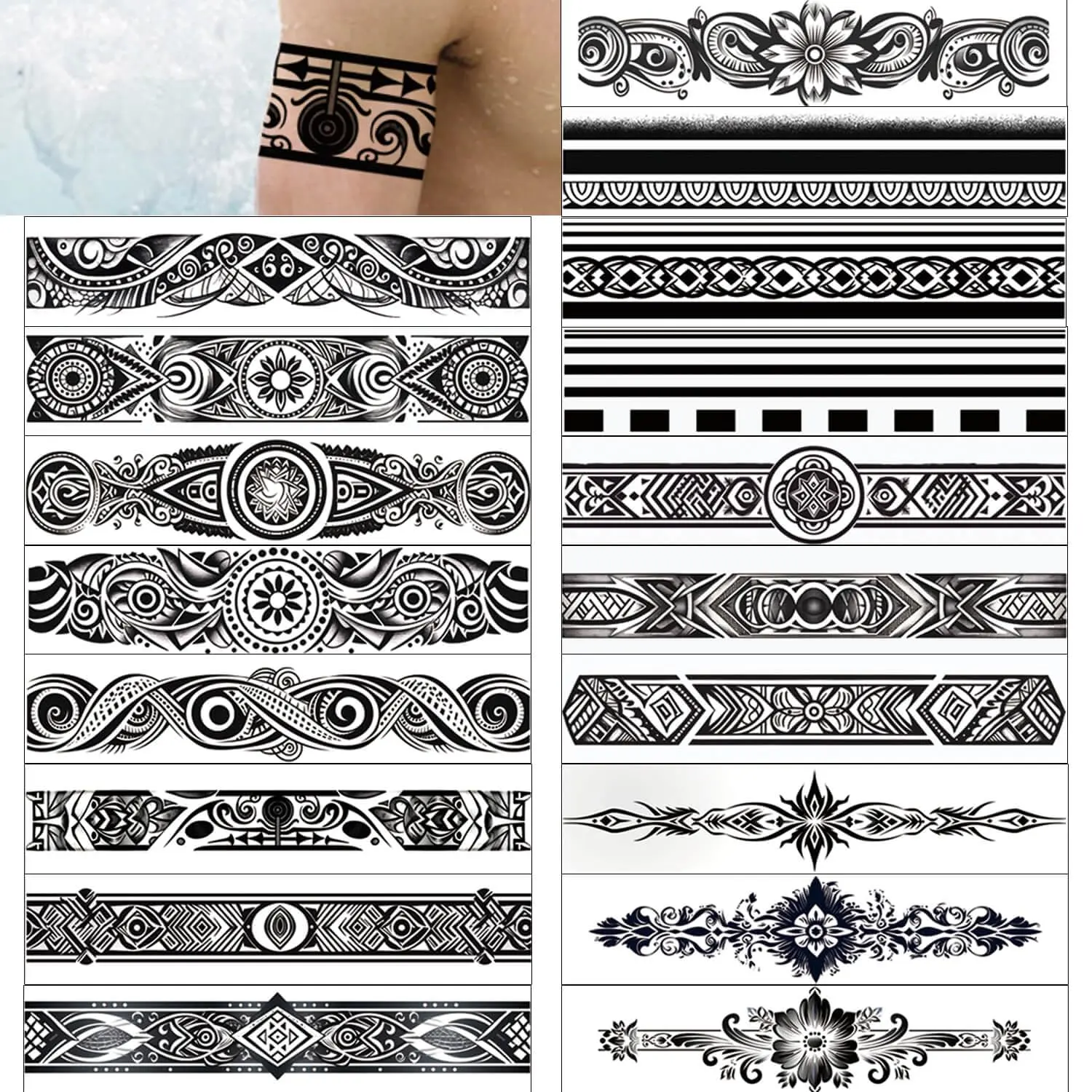 Long-Lasting Super Long Arm Band Temporary Tattoos - 18-Pack Realistic Boho Polynesian Maori Style Fake Tattoos, Waterproof Semi-Permanent Stickers for Wrist, Ankle, Floral, Tribal, Totem Skull, Lion Tiger Sleeve