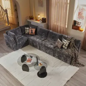 Cloud Plush Corduroy Sectional Couch L Shaped 5-Seat Modular Corner Sofa Set, V-Shaped Design, Soft and Luxurious Fabric, Assembly Required