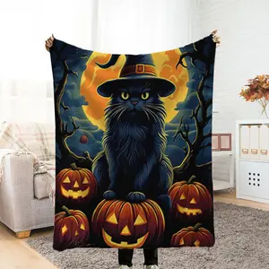 Cozy Black Cat & Pumpkin Halloween Blanket, Thick Fleece Blanket, Bedroom Throw, Couple-Exclusive Blanket, Extra-Large Sleeping Blanket, Living Room Blanket