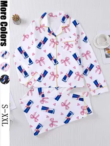 Women's Heart Bow Print Sleepwear Set, Long Sleeve Button-Up Top & Elastic Pants, Casual Home Wear, Party