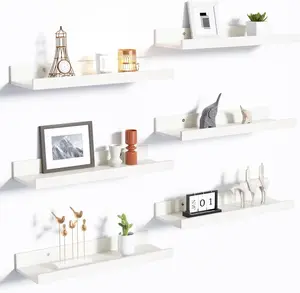 Floating Shelves for Wall Set of 6, Wall Mounted Wood Shelves for Decor and Storage, White Picture Ledge Shelf for Bedroom Living Room Bathroom Kitchen, Modern Rustic Display Shelves for Books Frames Plants
