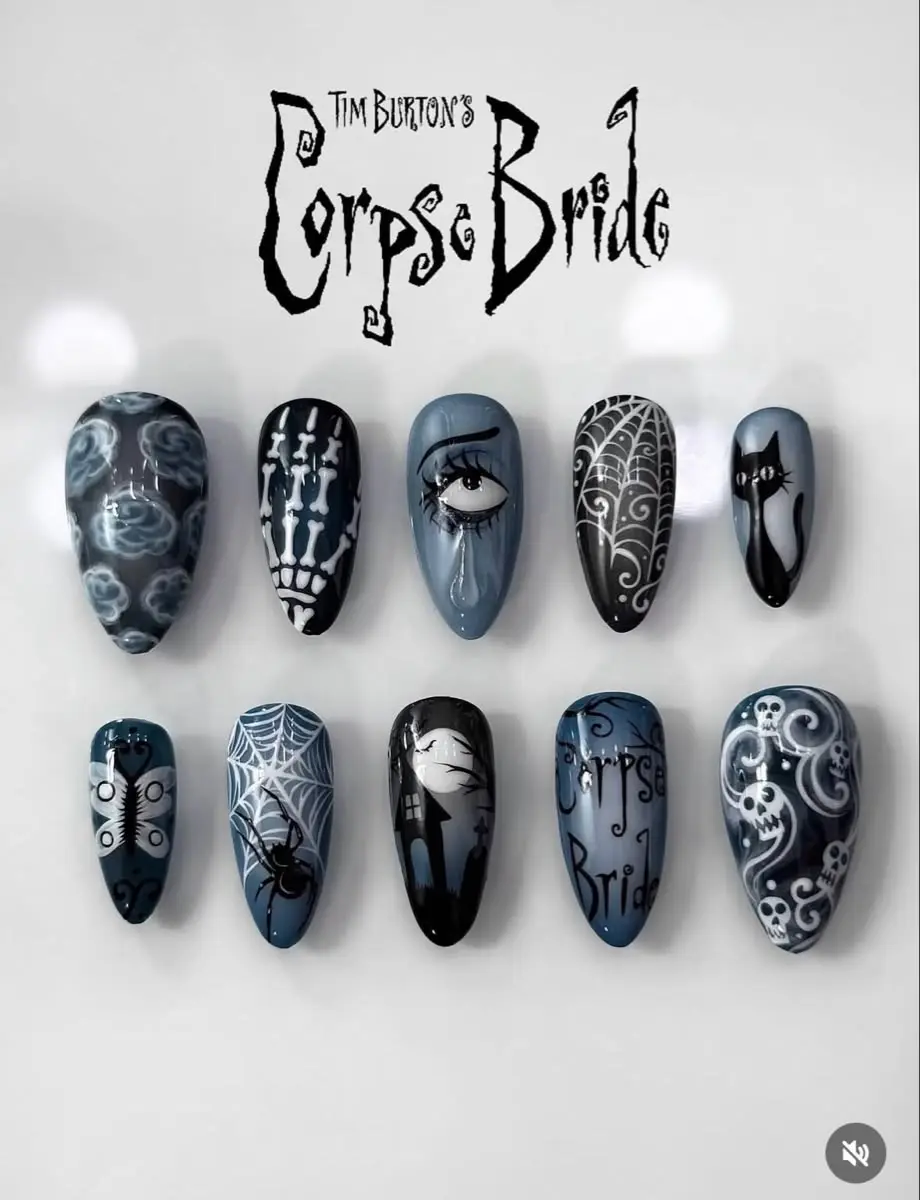 OCorpseer Brideman Inspired Press On Nails Handmade Gothic Halloween Blue Black Stiletto Reusable Gel False Nail Set with Nail Kit | Free Adhesive Tabs Nail File & Cuticle Stick