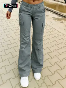 Women's High Waist Flared Cargo Pants, Pocket Design, Casual Streetwear Trousers, Autumn Fashion, Comfortable Fit, Fitted, Woven