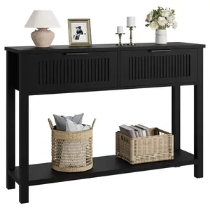 43 Inch Entryway Table, 2 Tier Wood Console Table with 2 Drawers & Storage Shelf