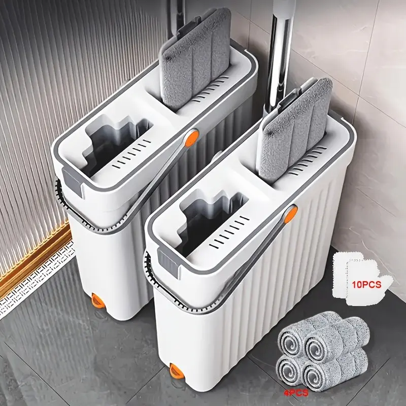 Flat Mop & Bucket Set, Wet Dry Floor Mop with 4 Washable And Reusable Microfiber Cloths, Cleaning for Floors, Yards, Bathroom, Essential Cleaning Supplies And Tools