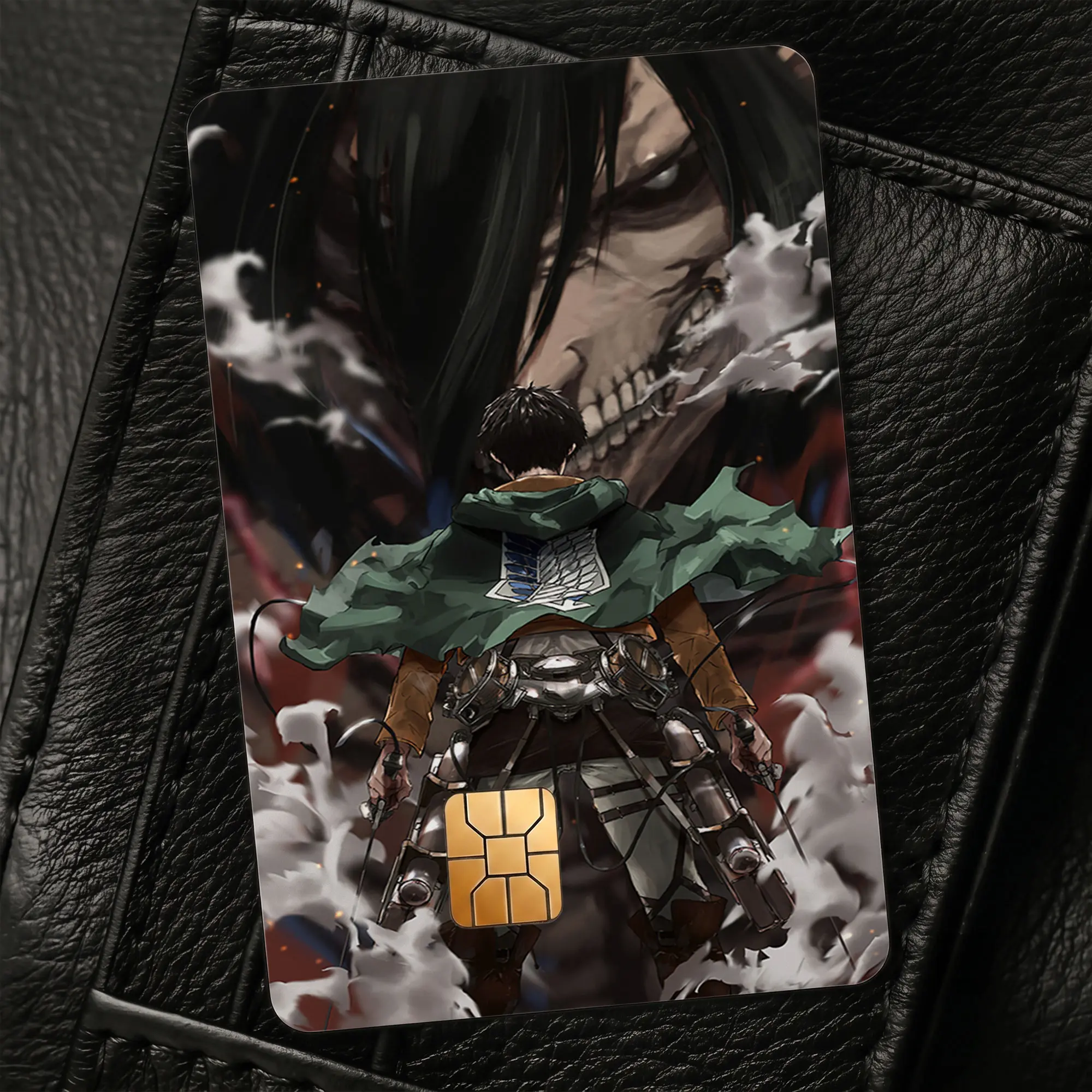 Dark Anime Card Skin, Attack on Titan Manga Inspired Credit Card Sticker, Eren Titan Artwork Wallet Decal, Gothic Otaku Accessory Gift