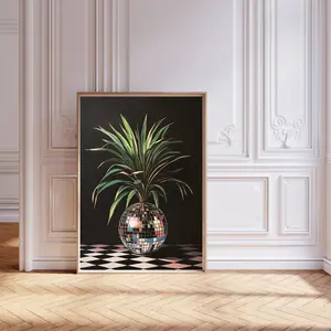 Dark MCM Wall Art – 70s Maximalist Funky Poster, Y2K House Plant and Disco Ball Botanical Print, Retro Eclectic Artwork, Room Decor, Unframed | 5 size, 8x12 to 27x40 inch