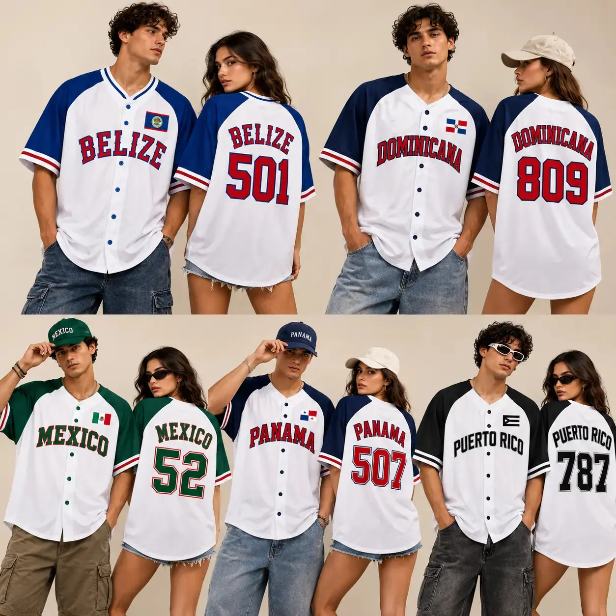Unisex Oversized Boxy Fit Country Baseball Jersey, Caribbean Flag Graphic Button-Up Streetwear Shirt, Ayiti-Puerto Rico-Dominican Republic-Cuba-Panama-Colombia Tee