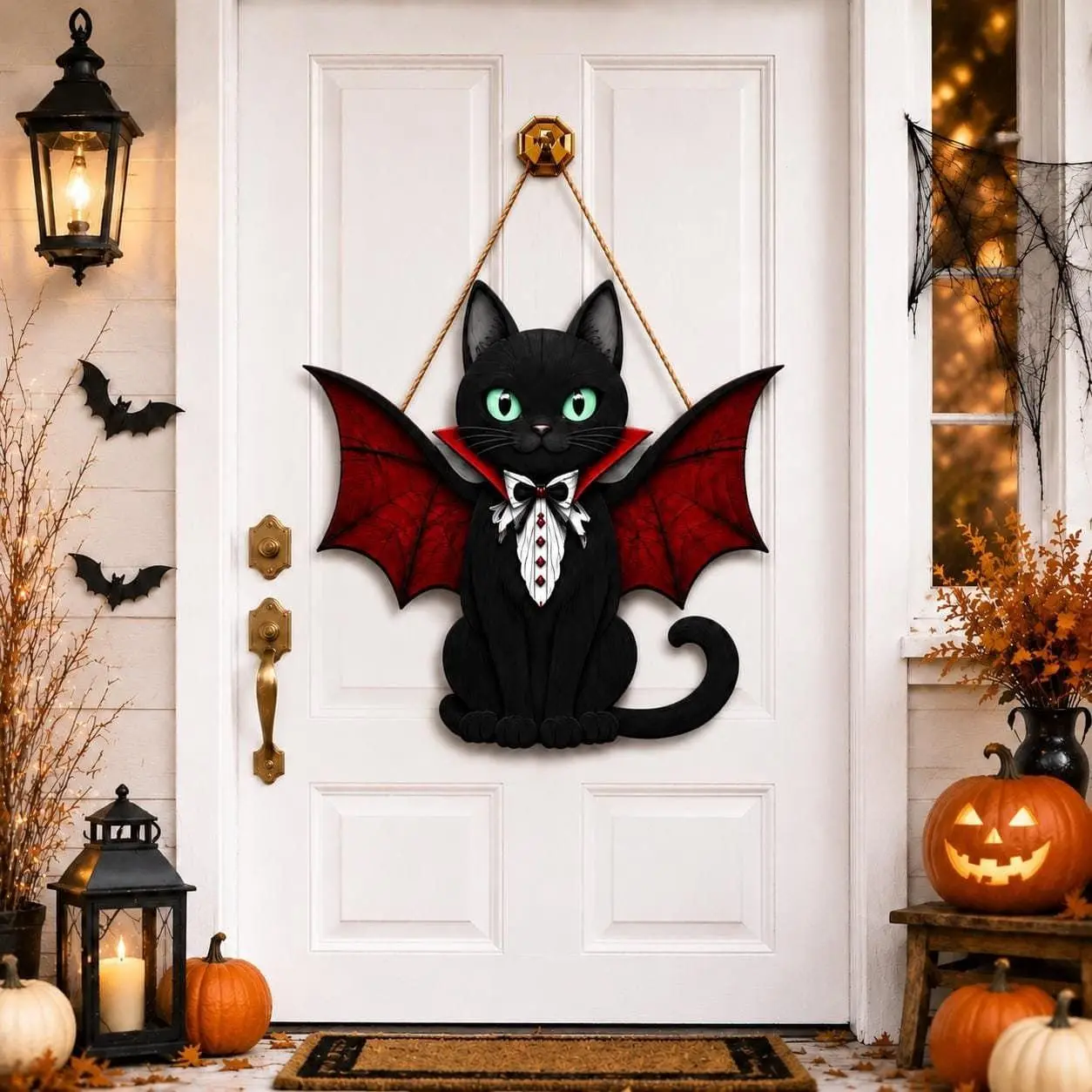 Vampire Black Cat Halloween Wreath, Gothic Bat Wooden Door Sign, Spooky Front Door Decor, Halloween Gift for Family and Cat Lovers