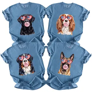 Comfort Colors 50+ Patriotic Dog Breeds 4th of July T-Shirt - Blue Jean, Funny Dog Blowing Bubbles Graphic Tee, Independence Day Shirt for Dog Lovers, Golden Retriever Labrador Australian Shepherd Maltese USA Flag Tee