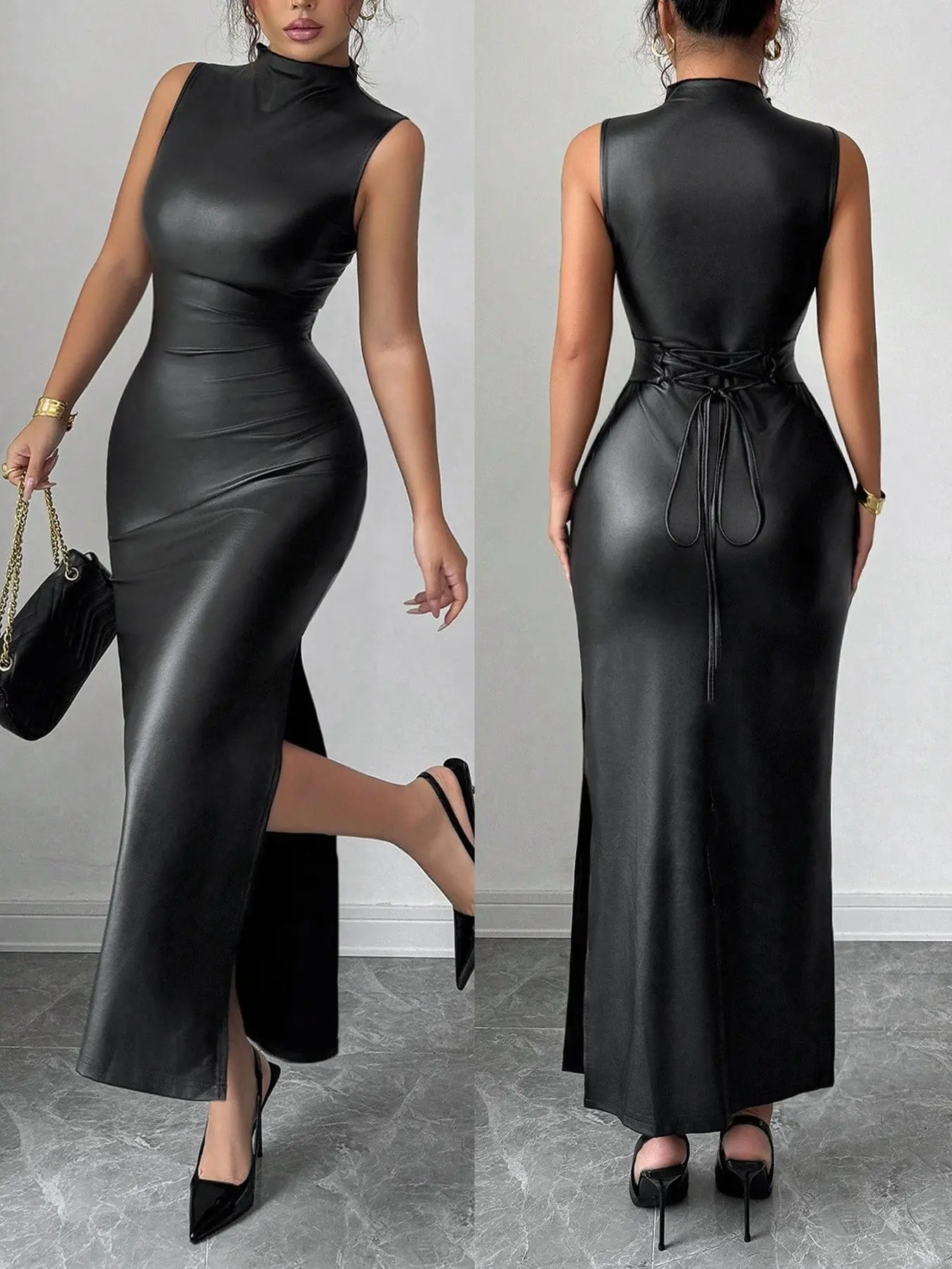 Women's Casual Sleeveless Leather PU Back Bow Side Slit Fitted Dress,  Stylish Summer Fashion, Comfortable and Elegant Design, Womenswear - TikTok  Shop