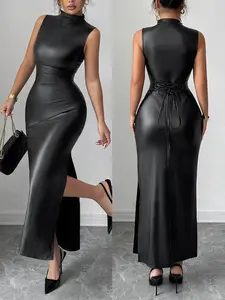 Women's Casual Sleeveless Leather PU Back Bow Side Slit Fitted Dress, Stylish Summer Fashion, Comfortable and Elegant Design