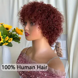 Reddish Brown Jerry Curly Short Human Hair Bob Wigs With Bangs Pixie Cut Blonde Wigs Short Curly Human Hair Wig For Women Water Wave Wigs 180% Density