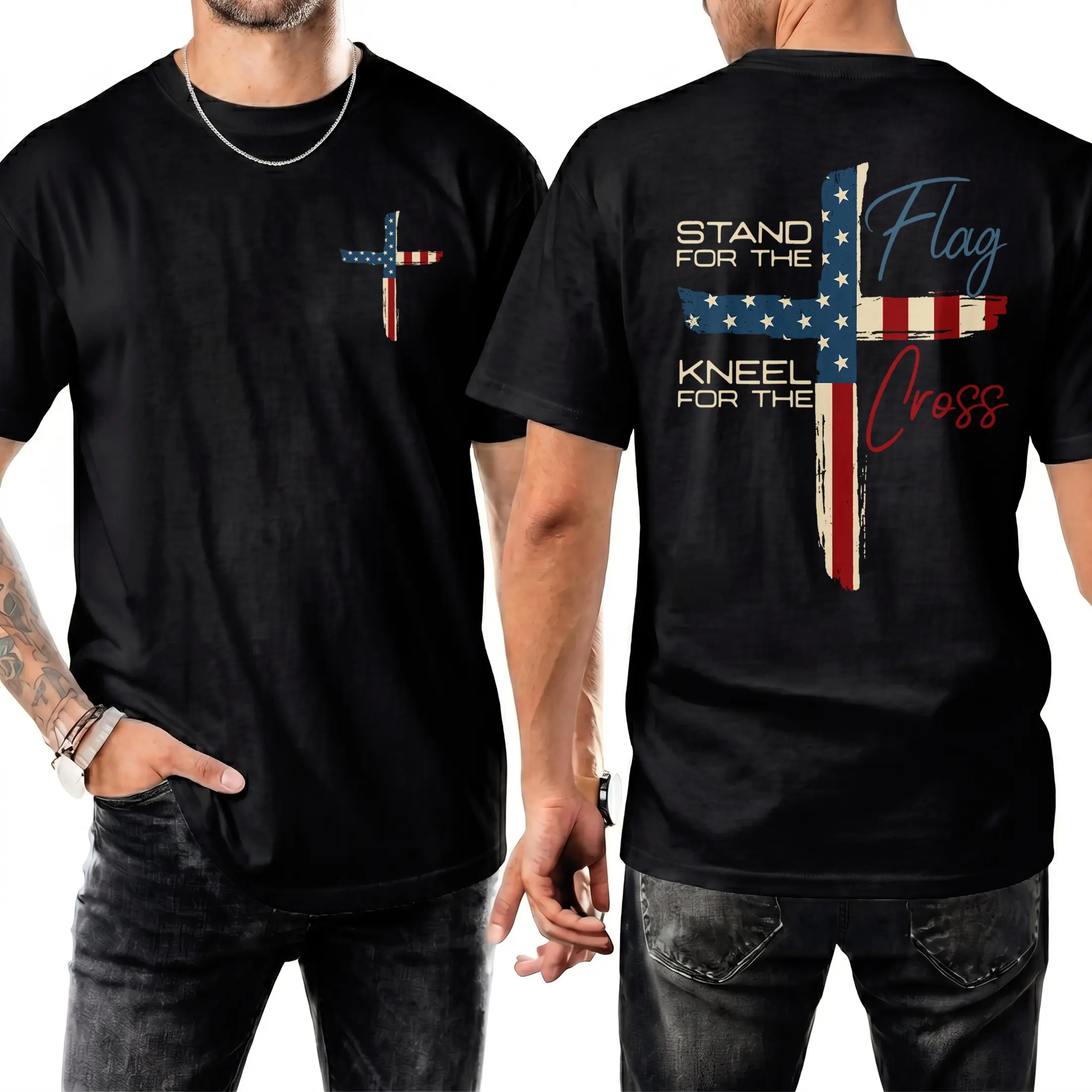 Patriotic Christian Faith T-Shirt – Stand for Flag Kneel for Cross Religious Shirt | American Pride Cross Design Tee for Men | Conservative Christian Cotton Clothing