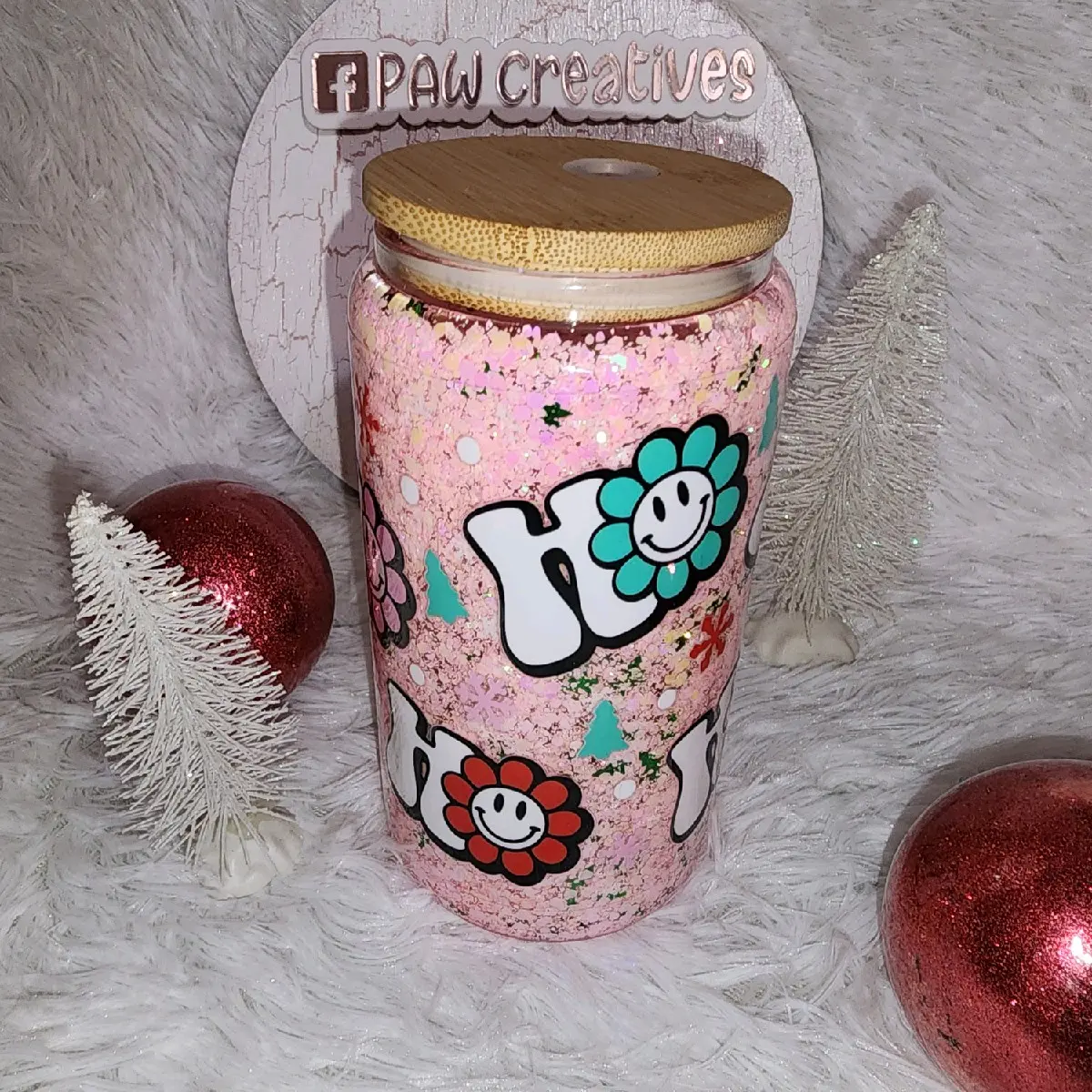 Glass Cup Glitter Snow Globe Ho Ho Ho 16oz