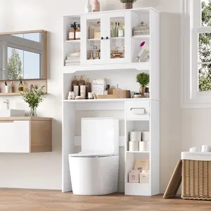 FOTOSOK Over The Toilet Storage Cabinet with Glass Doors & Built-in Tissue Holder, Space-Saving Bathroom Organizer Shelf for Bathroom and Laundry Room