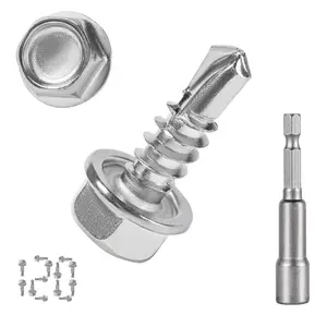 120PCS # 8 x 1/2'' Sheet Metal Screws 410 Stainless Steel Hex Washer Head Fast Self Tapping Screws with Screwdriver Bit Silver