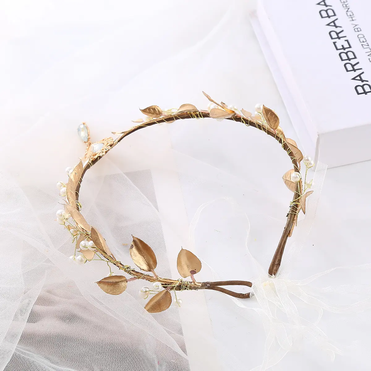 GentleLie Handmade Fairy Leaf Crown with Elf Ears Gold Pearl  display picture 1
