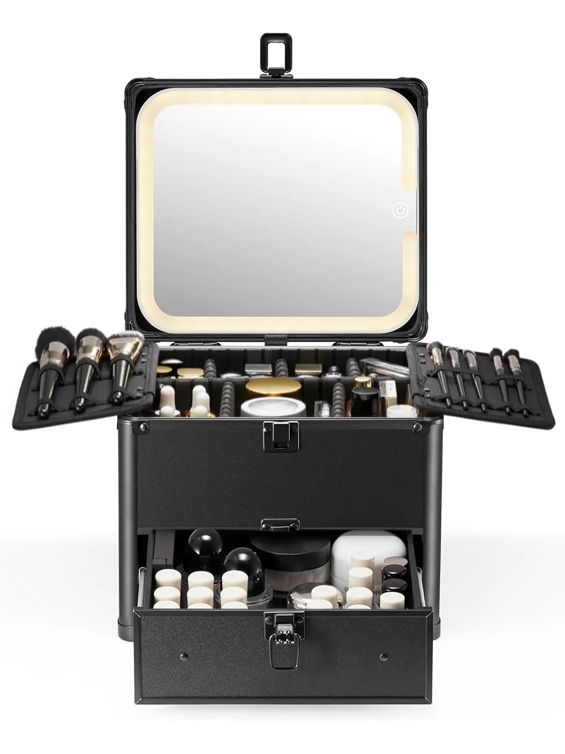 Makeup Box with Drawer and A Detachable Lighted Mirror,  Travel  Case,  Organizer and Makeup Suitcase with Adjustable Dividers,  LED Mirror (Black)