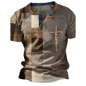 Summer Vintage Mens Shirt Cross Printed Short Sleeve Casual V-Neck Button Oversized Mens Patchwork T Shirt Plaid Tops Streetwear
