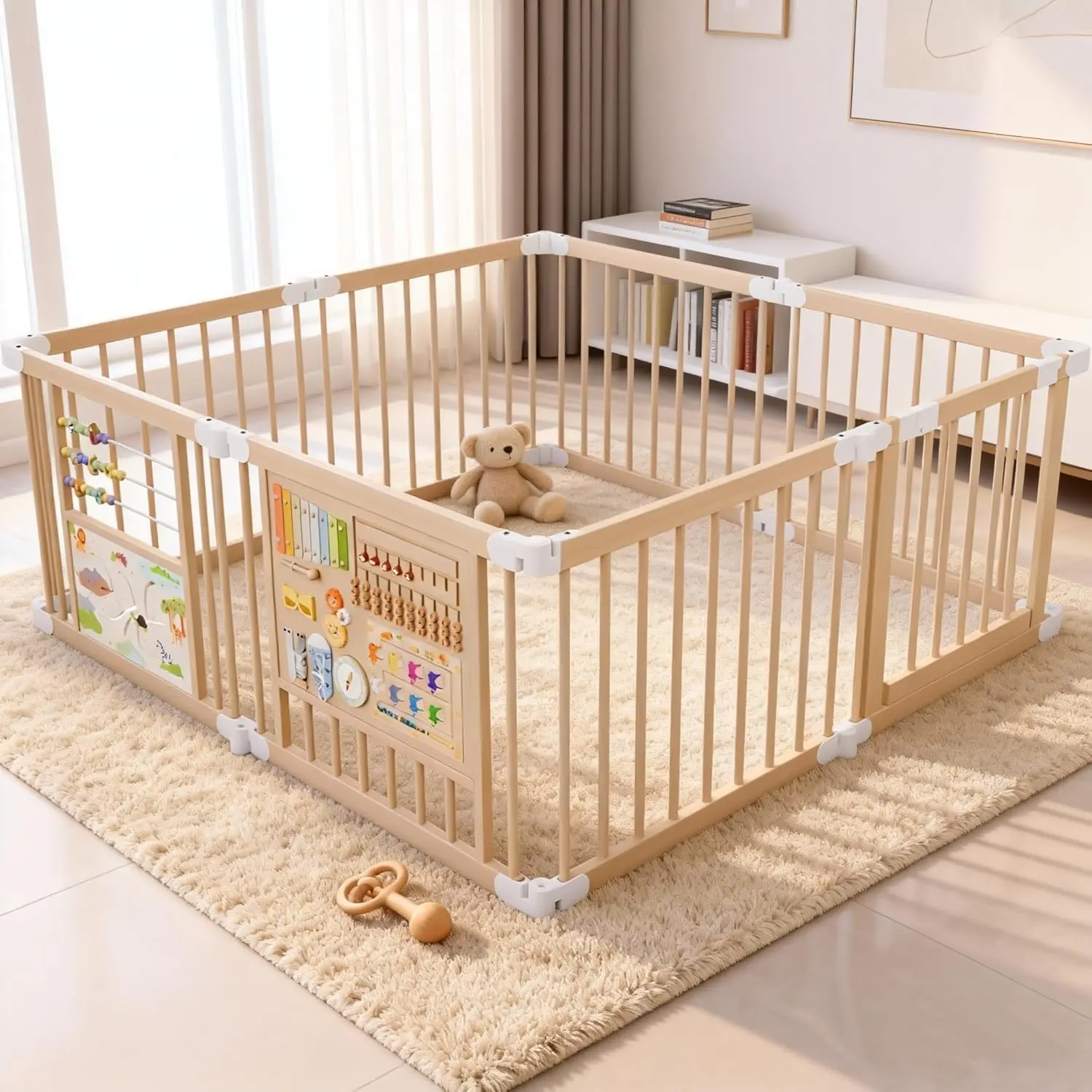 Solid Wood Foldable Playpen for Babies 0-3 Years, 8-Panel Portable Fence with Adjustable Shape, 2 Activity Boards, 1-Hand Fold, 9.5kg, Portable Playpen, Game Boards, Adjustable Size, 10+ Toy Set, Busy Parents, Playpen For Baby, Wooden