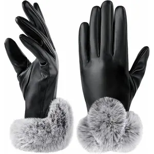 Winter Gloves Women - Leather Gloves Winter Black Touch Screen Gloves PU Valentines Day Gifts for Her