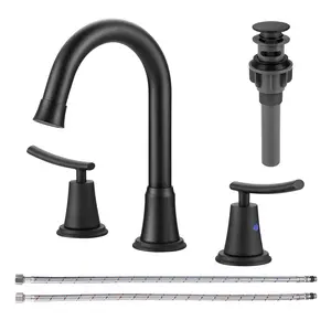 WOWOW 8 in. Widespread Double Handle Bathroom Faucet with Pop Up Drain Included and 360° Swivel Spout in Matte Black