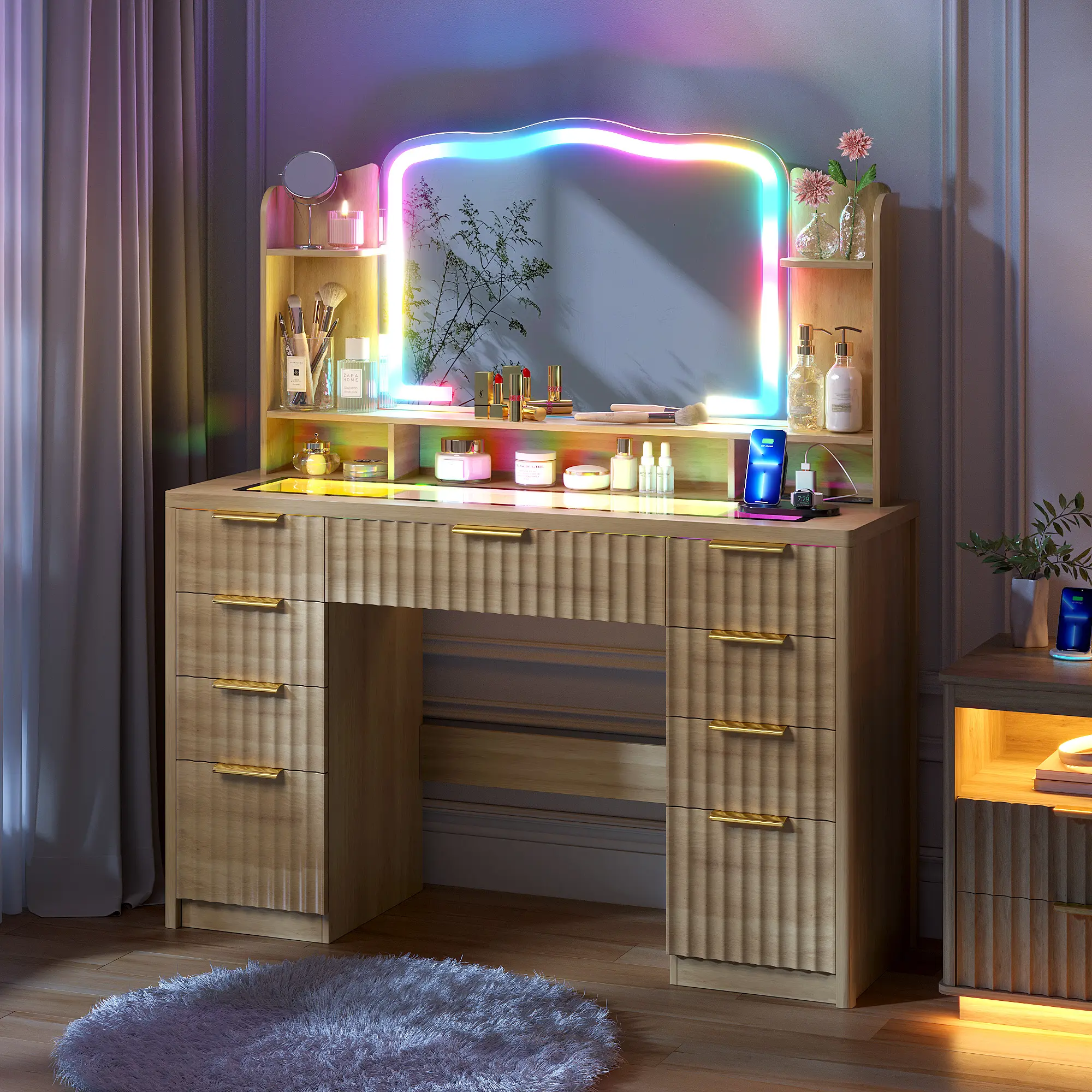 Vlsrka Lighted Modern Makeup Vanity Desk with RGB Lighting, 9 Drawers, Fluted Panel, Jewelry Organizer, Open Shelves, Charger Station, Large Storage Desk Bedroom Furniture, Gift for Women, Lighted Makeup Vanities, Makeup Vanity Desk With Lights