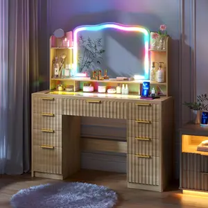 Vlsrka Makeup Vanity with Large Storage & RGB Lighting, Vanity Desk with 9 Drawers, Jewelry Organizer, Open Shelves & Charger Station, Dressing Table Gift for Women