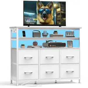 TV Stand Dresser For Living Room With 6 Fabric Drawers Storage Up to 45 inch TV Wood Top TV Media Console Table Cabinet