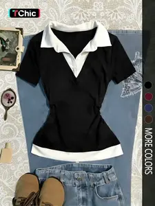 Women's Colorblock Patchwork Mock Two-Piece Shirt Collar Slim Fit Short Sleeve Top, Simple Comfortable Casual Daily Wear, Versatile Fashion Blouse