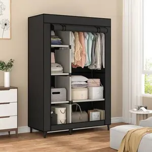 Portable Closet Wardrobe with Roll-Up Lid Cover, Spacious Freestanding Clothing Storage Organizer with Hanging Rods and Multiple Shelves, Sturdy Non-Woven Fabric Construction with Side Pockets, Black Color for Modern Home Decor