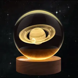 3D Saturn  Ball Night Light - LED Light Hologram Glass Lamp with Solid  Base, USB   Ball Lamp with Adjustable Brightness for Home Decor Display , 2.4inch(60mm)